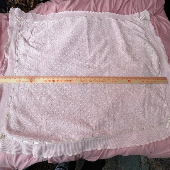 Vintage Sprockets Baby Pink Crochet Blanket Bow Trim Coquette - Picture 4 of 9